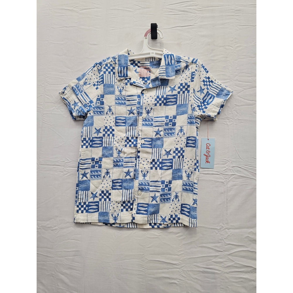 Cat & Jack Boys Patchwork Button Down Shirt Blue Linen Blend Casual Size XS